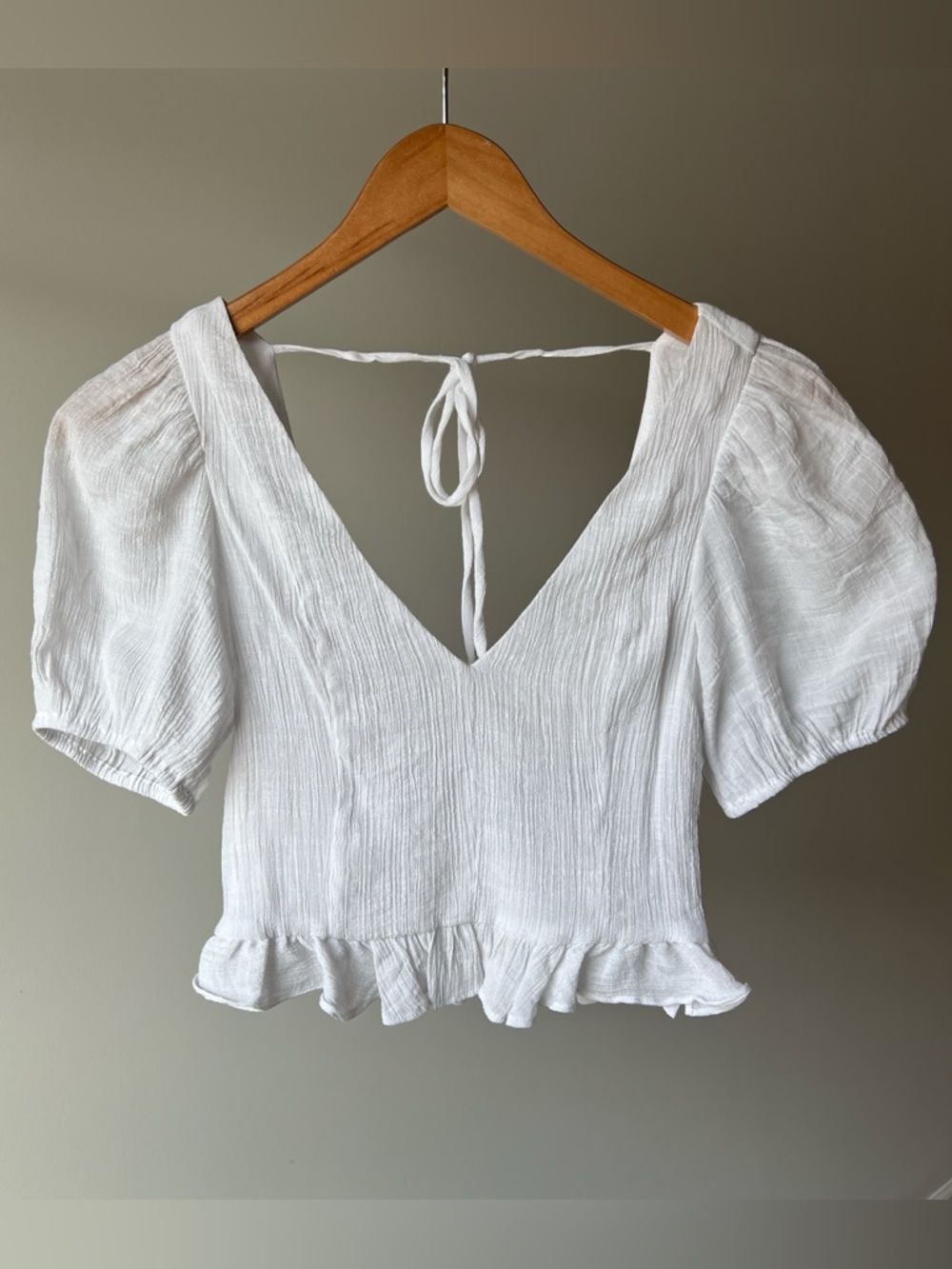 White Puff Sleeve Tie Back Crop Top Peplum Blouse Cottagecore